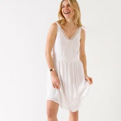 Jurk<Blancheporte Effen jurk in crepon en macramé wit