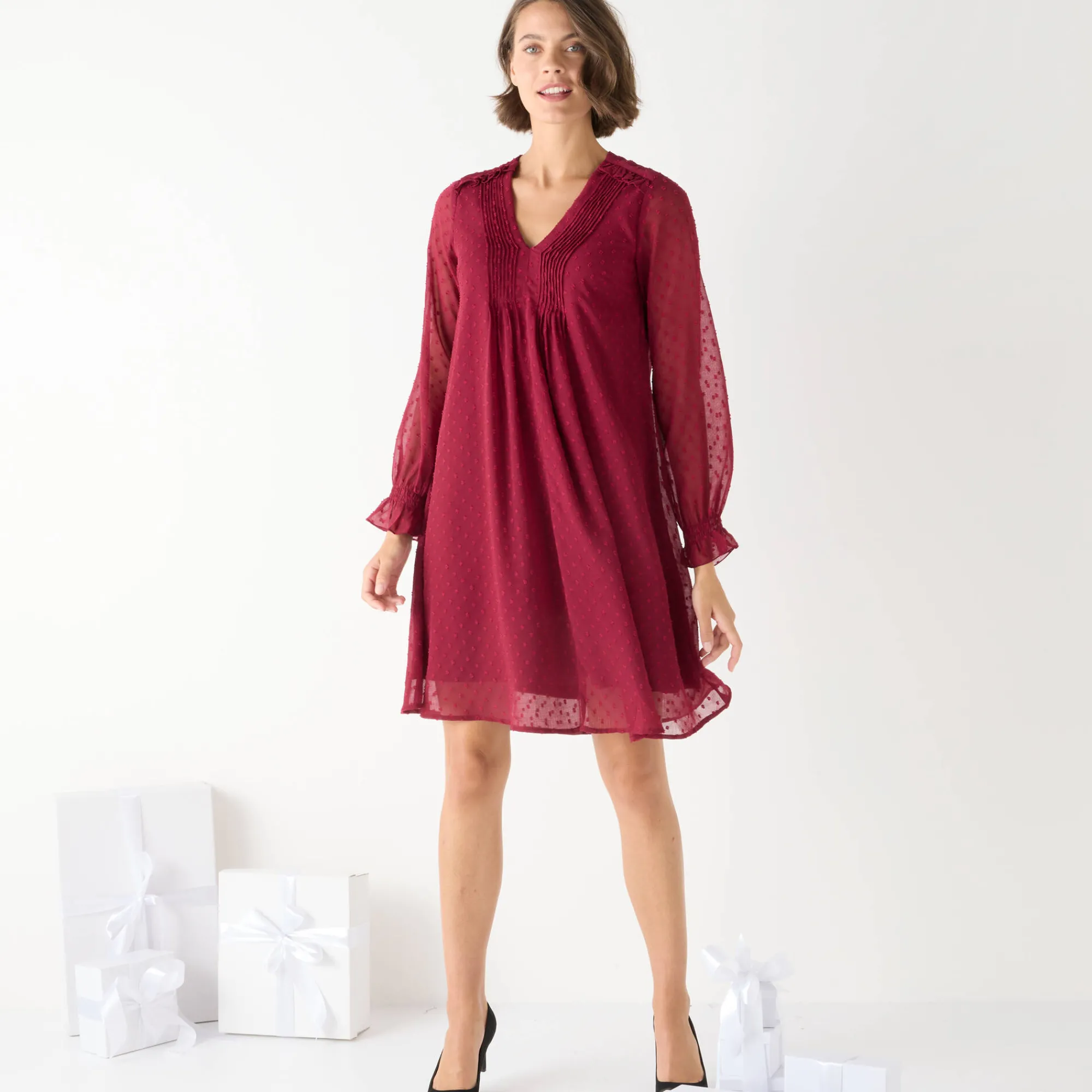 Feestoutfits Dames|Jurk<Blancheporte Effen jurk met plooitjes bordeaux