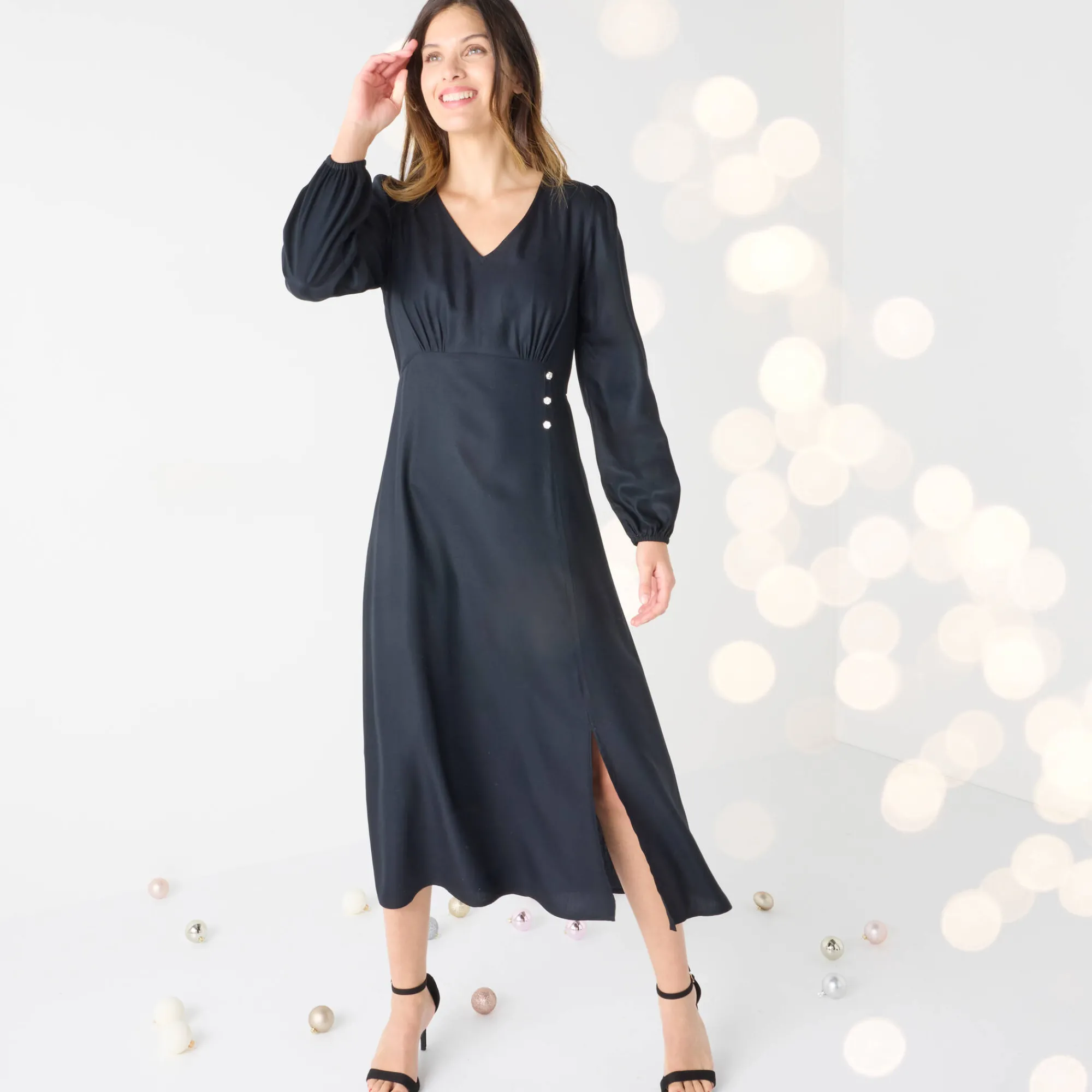 Feestoutfits Dames|Jurk<Blancheporte Effen lange jurk met V-hals zwart