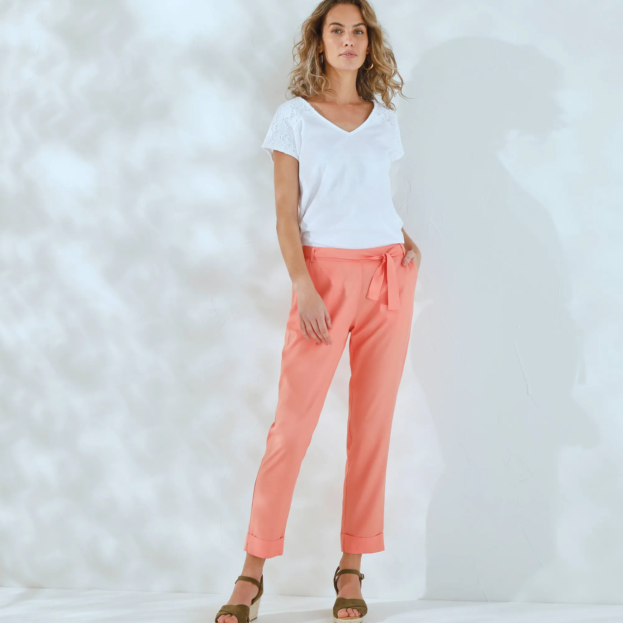 Broek|Jurk<Blancheporte Effen, nauwsluitende broek met 7/8-model, soepel materiaal koraal