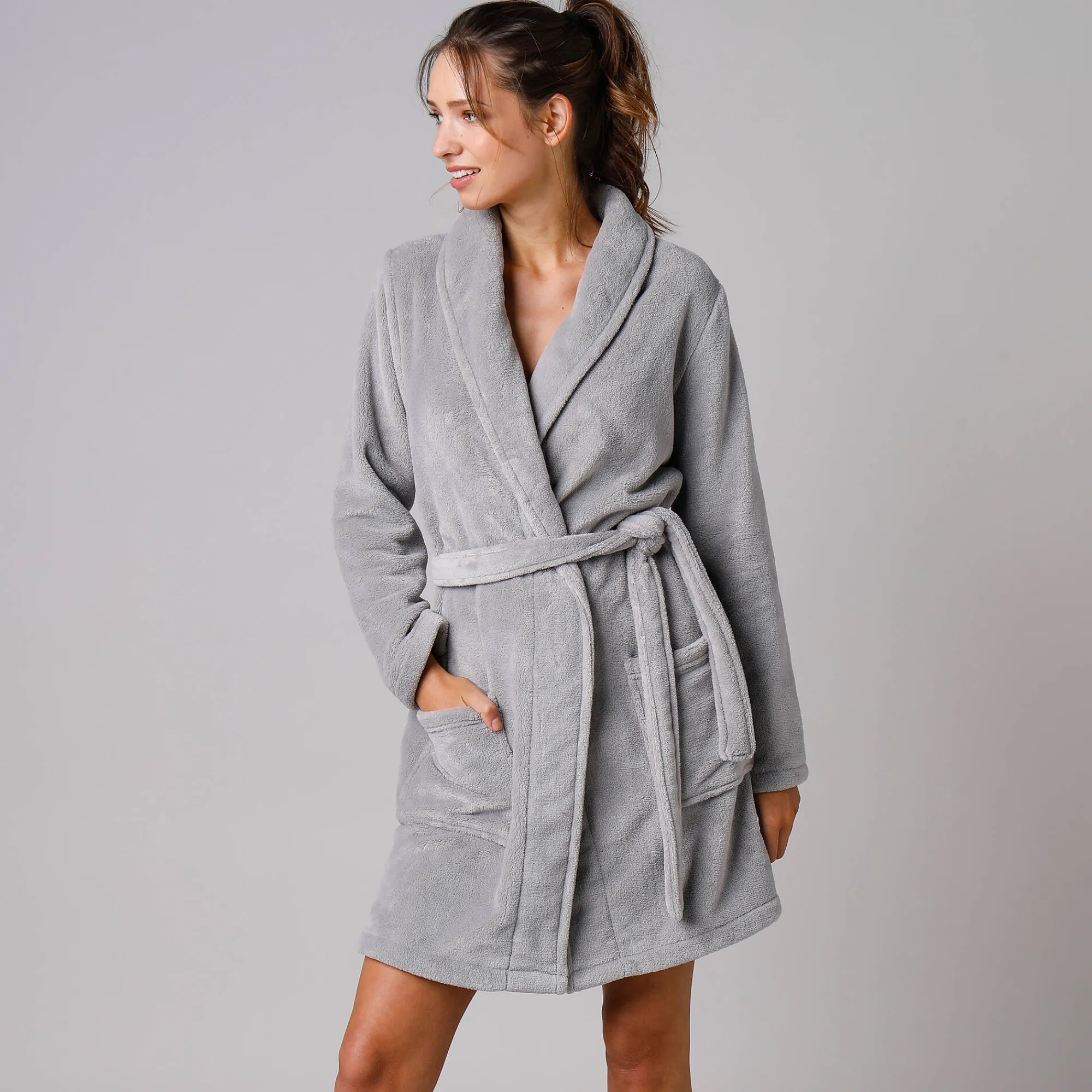 Peignoir En Kamerjas<Blancheporte Effen peignoir in fleece met pluchetouch - 92 cm lang, lange mouwen grijs