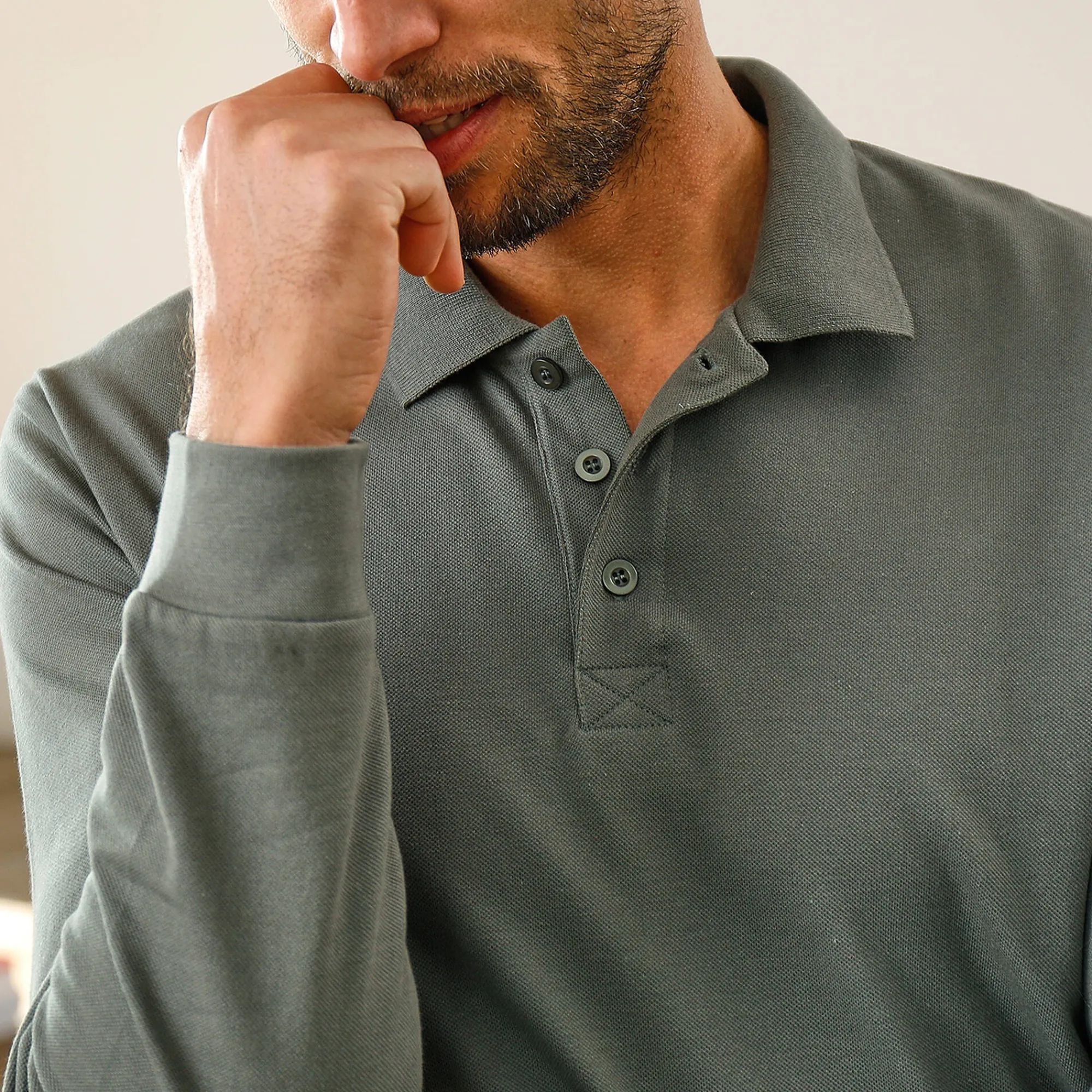 T-Shirt, Hemd En Polo<Blancheporte Effen polo in piquétricot met lange mouwen grijsgroen