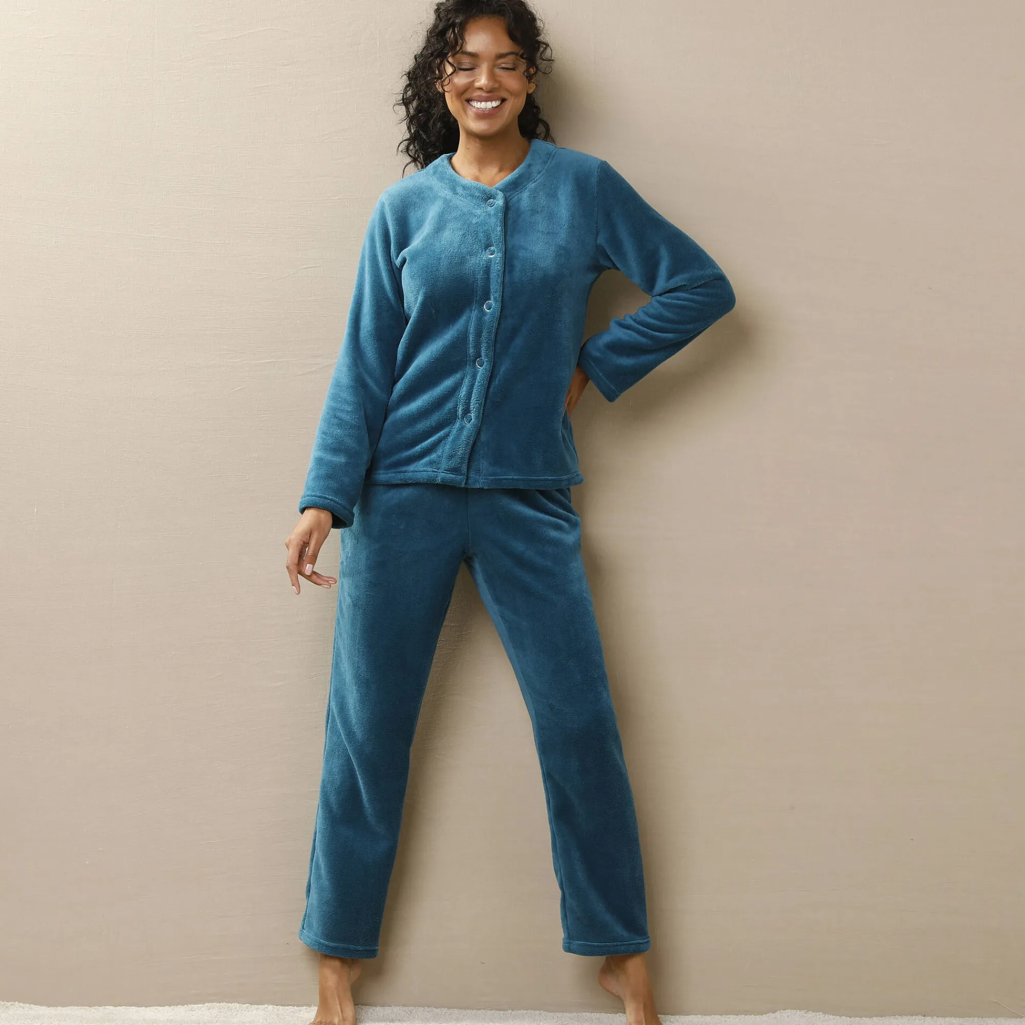 Pyjama<Blancheporte Effen pyjama in fleece pauwblauw