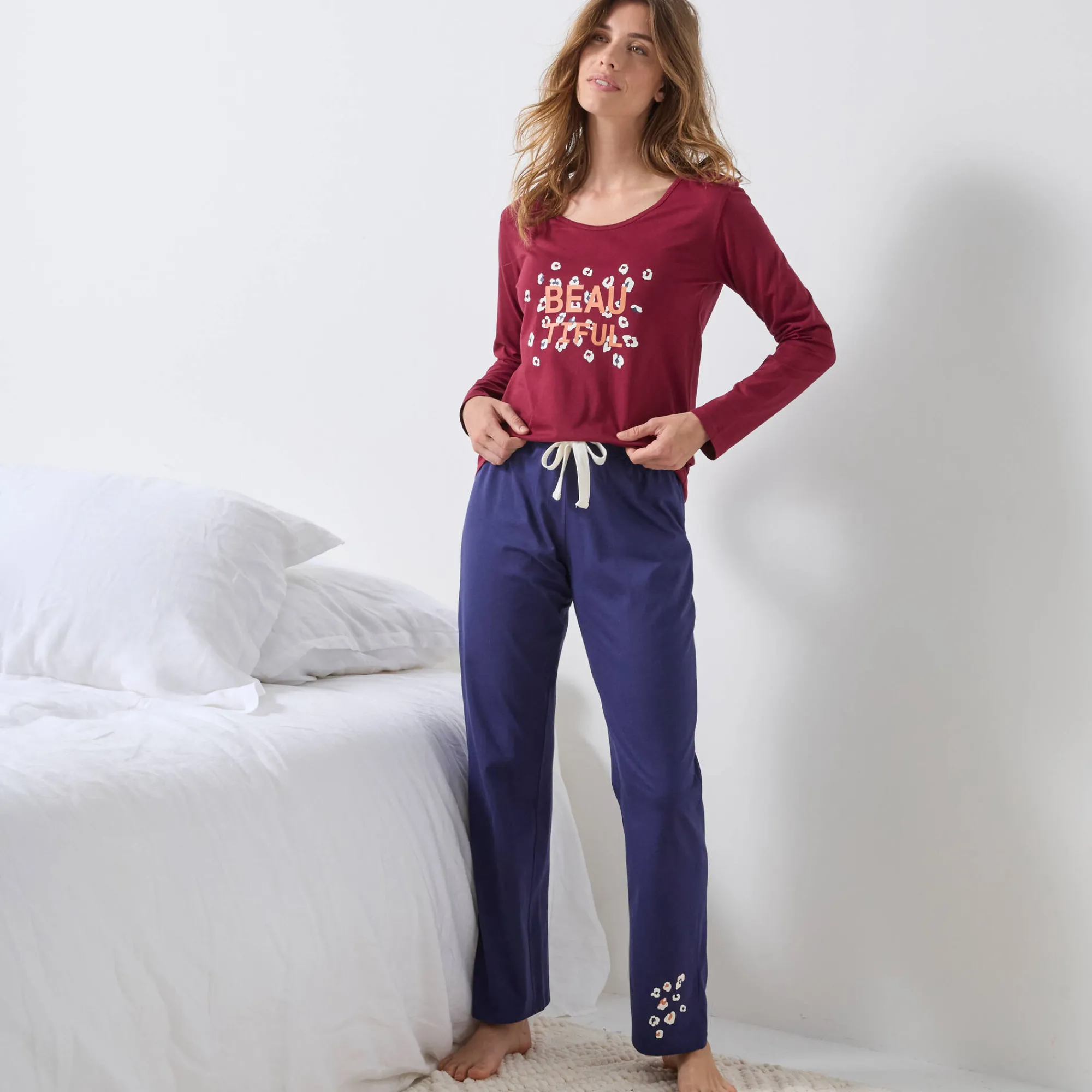Pyjama<Blancheporte Effen pyjamabroek in katoen met geplaatste print "Beautiful" marineblauw