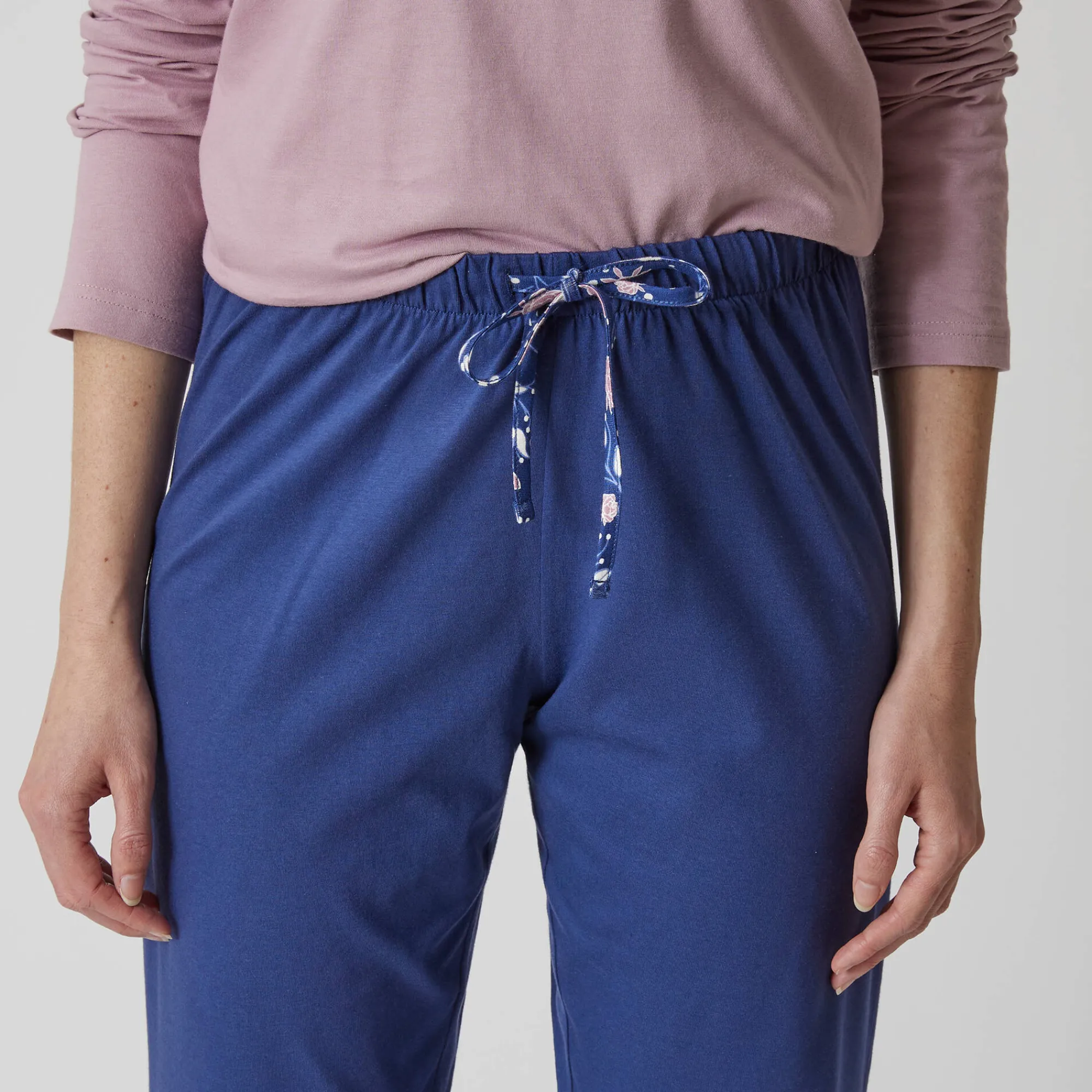Pyjama<Blancheporte Effen pyjamabroek in katoen met lintje met bloemenprint marine