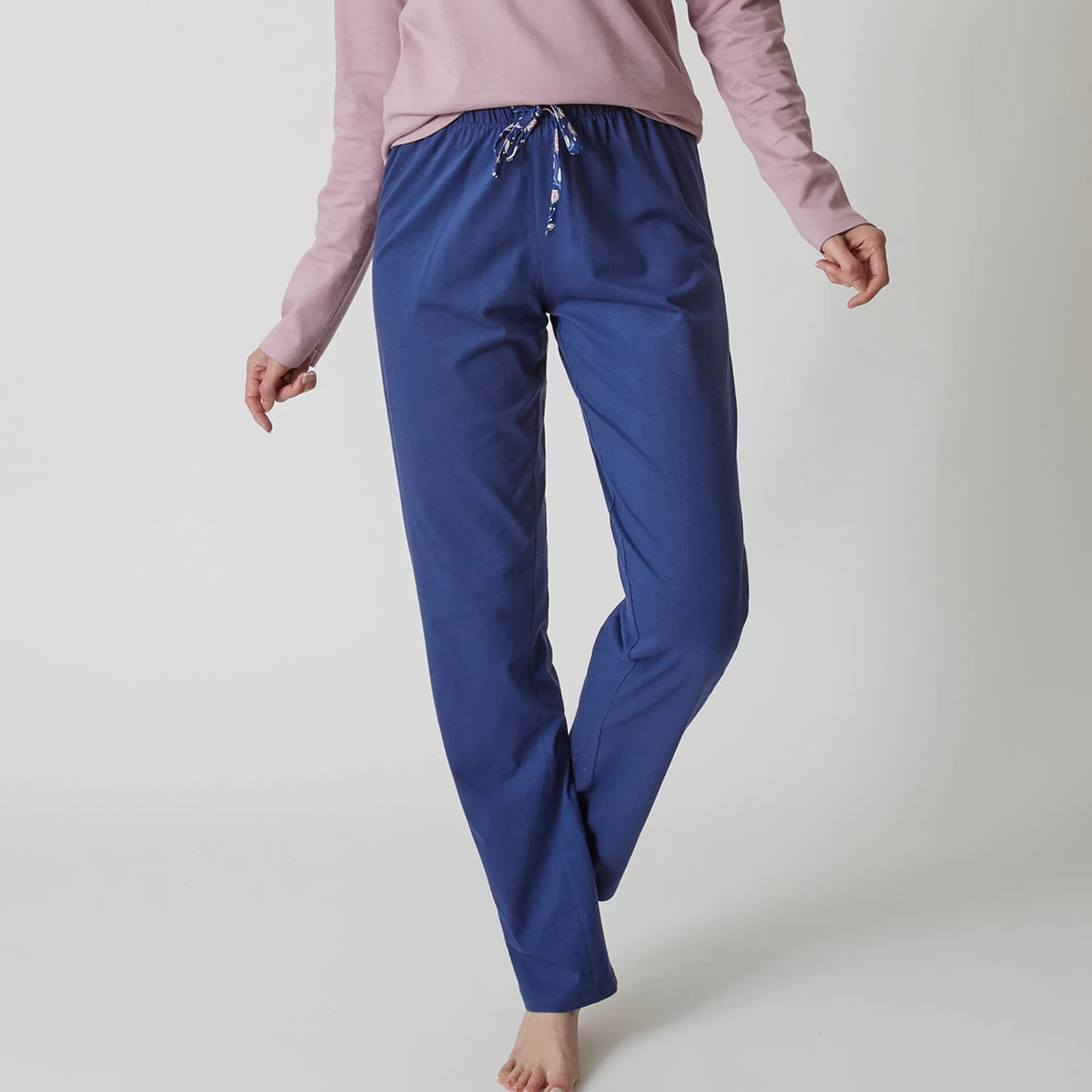 Pyjama<Blancheporte Effen pyjamabroek in katoen met lintje met bloemenprint marine