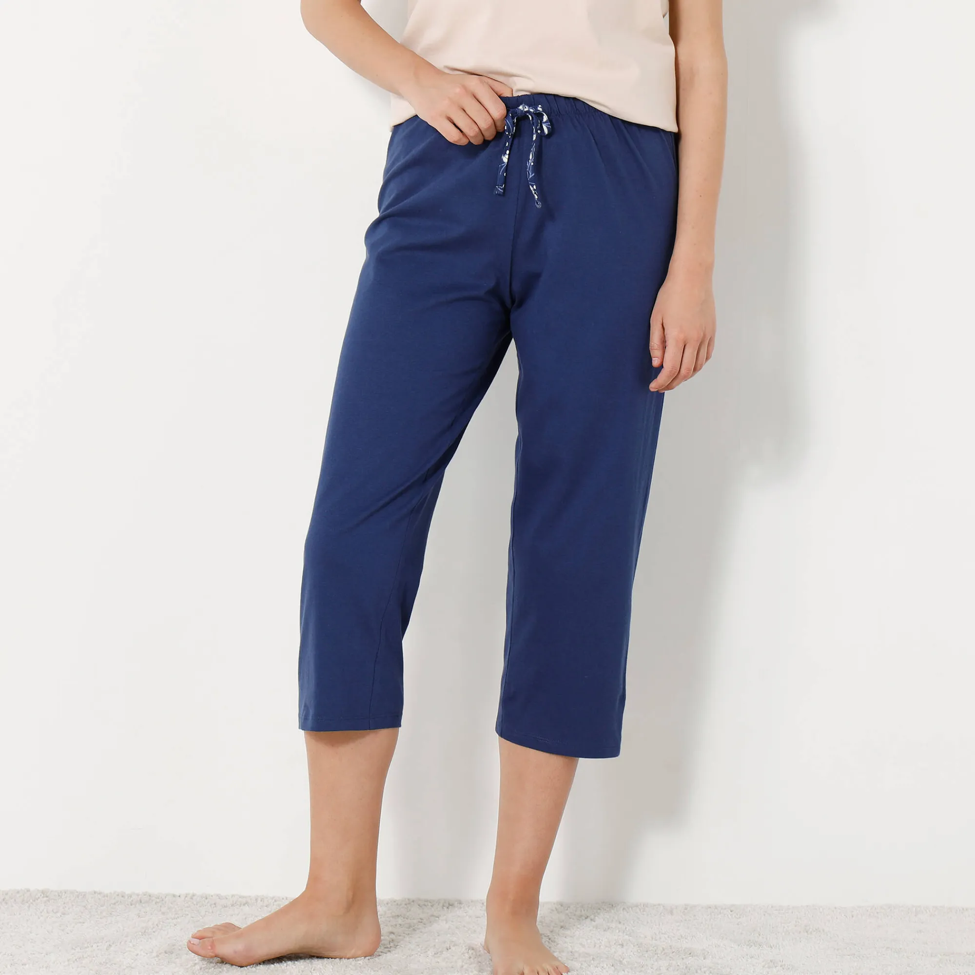 Pyjama<Blancheporte Effen 3/4-pyjamabroek in katoen met lintje met bloemenprint marine