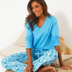 Pyjama<Blancheporte Effen pyjamashirt met lange mouwen blauw