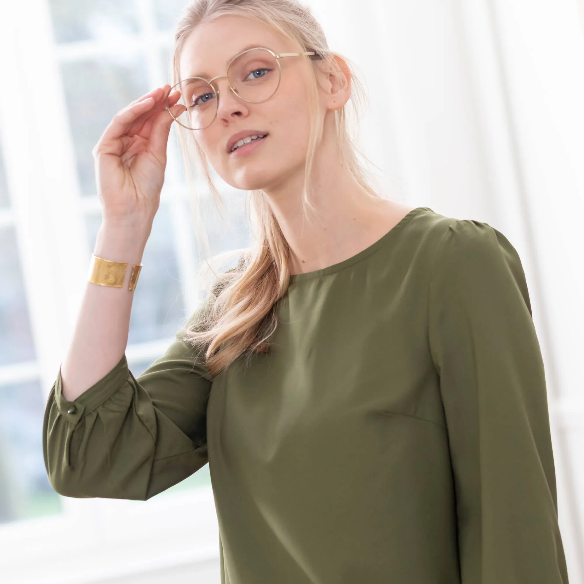 Jurk<Blancheporte Effen, rechte jurk met 7/8-mouwen olijfgroen