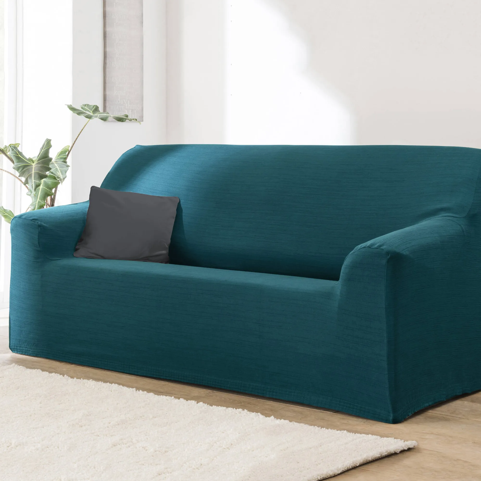 Zitbankhoes<Blancheporte Effen rekbare hoes voor fauteuil en zitbank met armleuningen eendenblauw