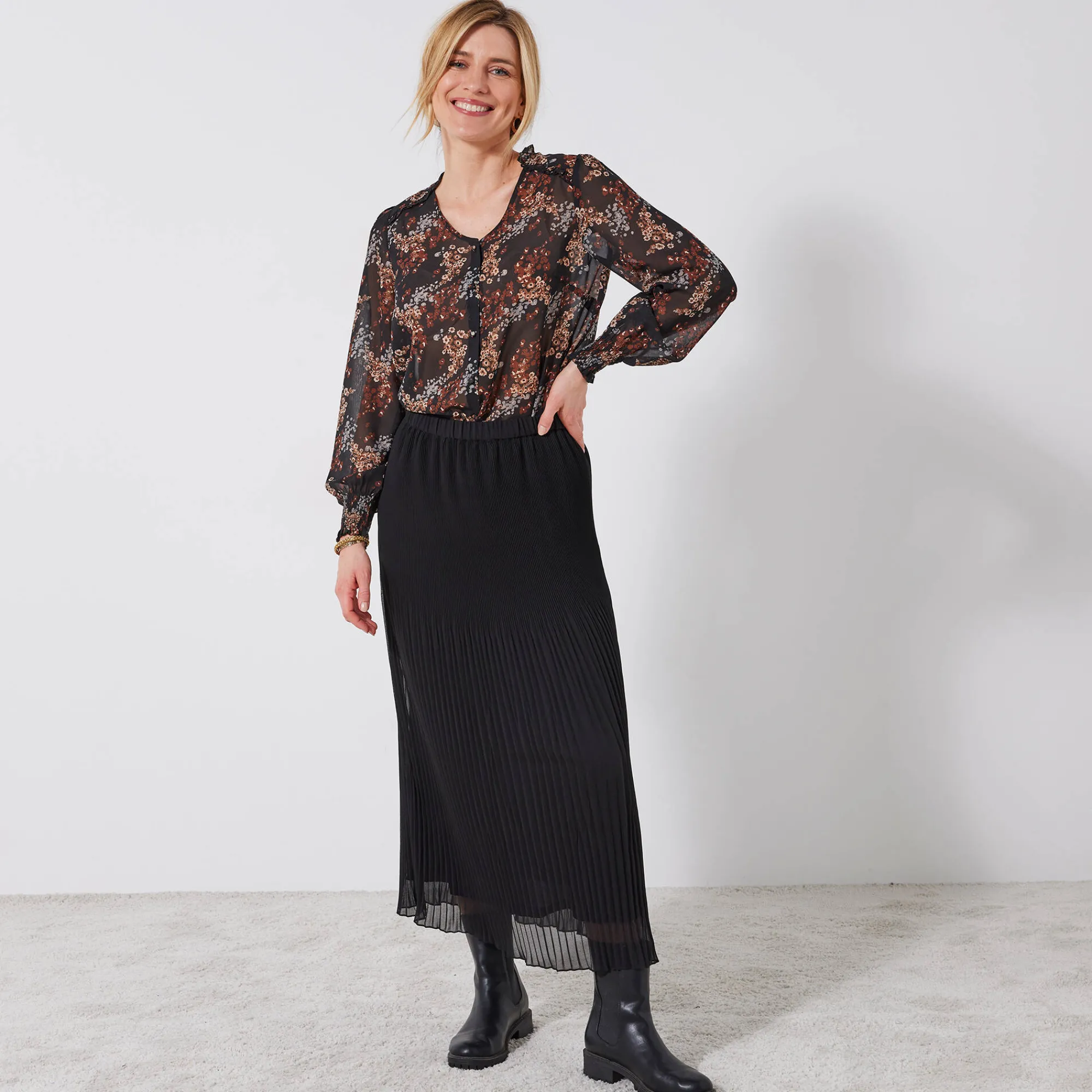 Rok<Blancheporte Effen rok in plissévoile, gerecycleerd polyester(**) - grote lengte zwart