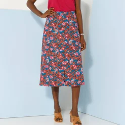 Rok<Blancheporte Effen rok met knopen en bloemenprint, viscose blauw / violine