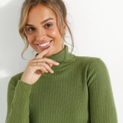 Trui En Vest<Blancheporte Effen rolkraagtrui in ribbeltricot<br> olijfgroen