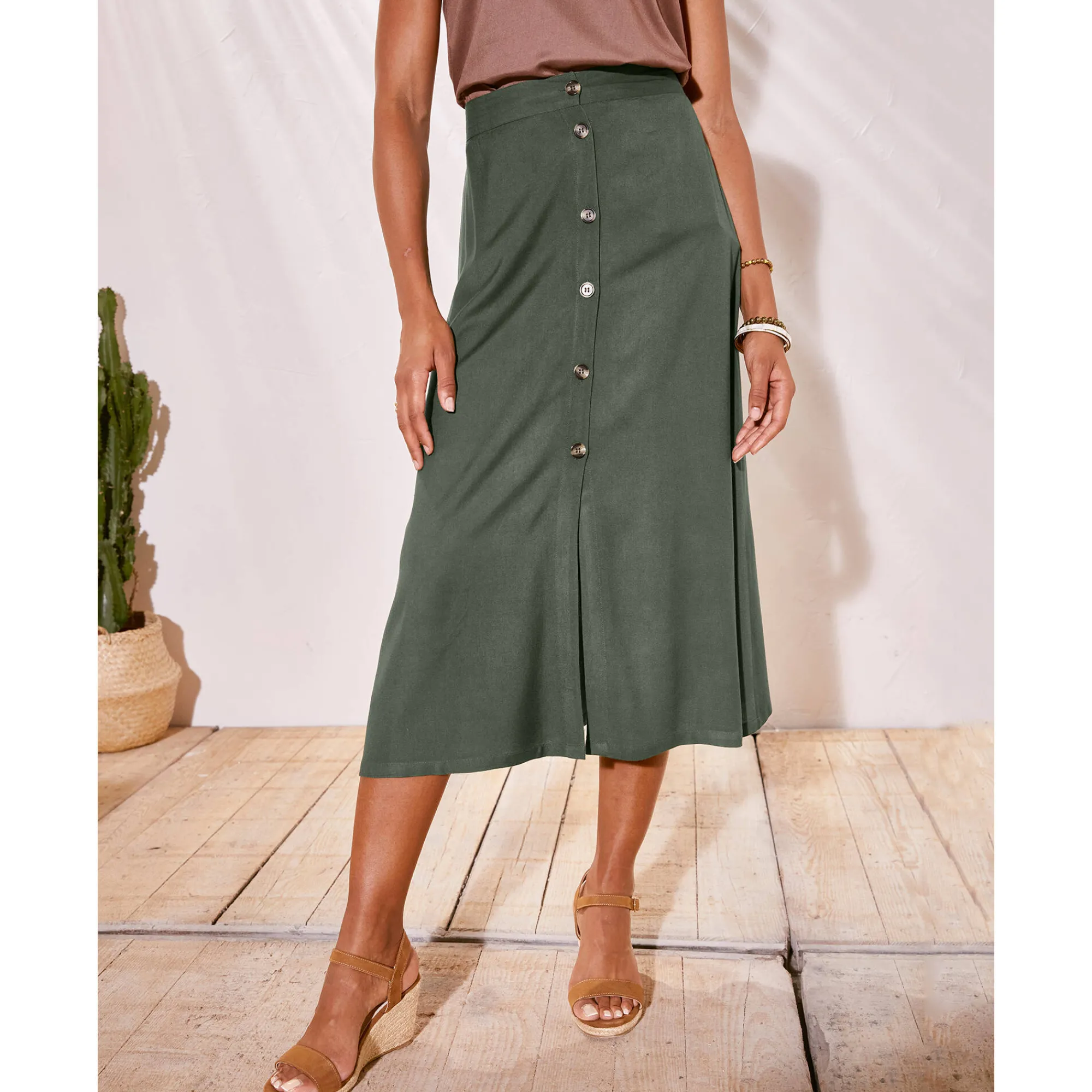 Rok<Blancheporte Effen, soepele rok met knopen, speciaal voor kleine lengtes kaki