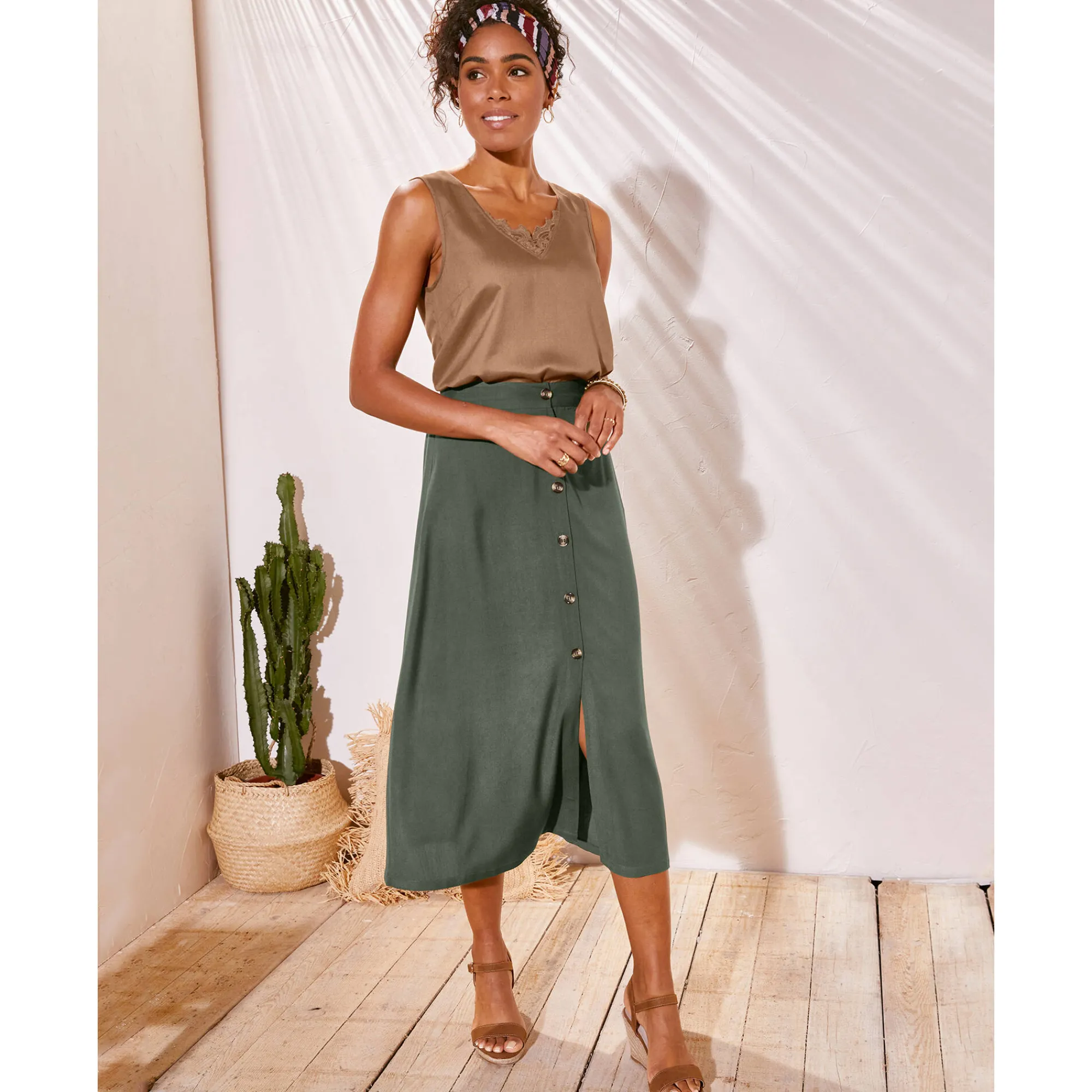 Rok<Blancheporte Effen, soepele rok met knopen, speciaal voor kleine lengtes kaki