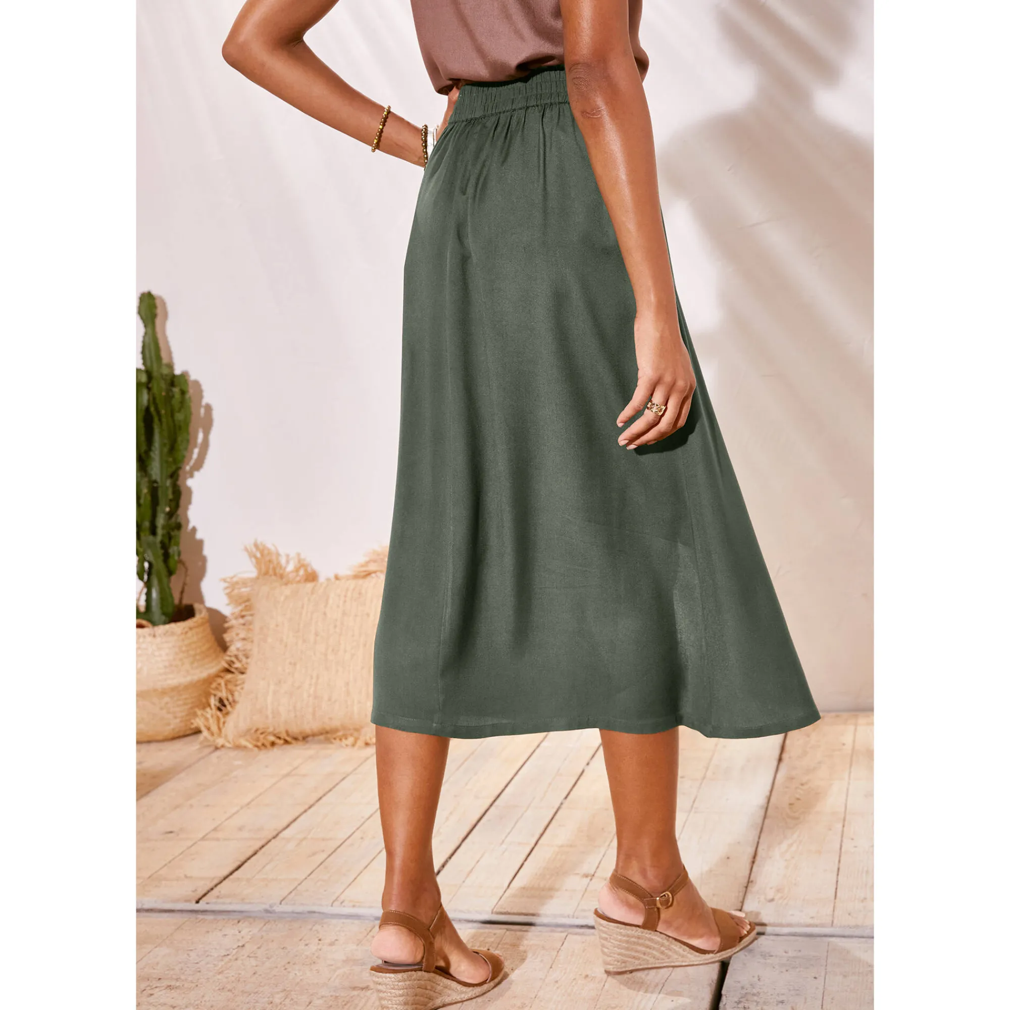 Rok<Blancheporte Effen, soepele rok met knopen, speciaal voor kleine lengtes kaki