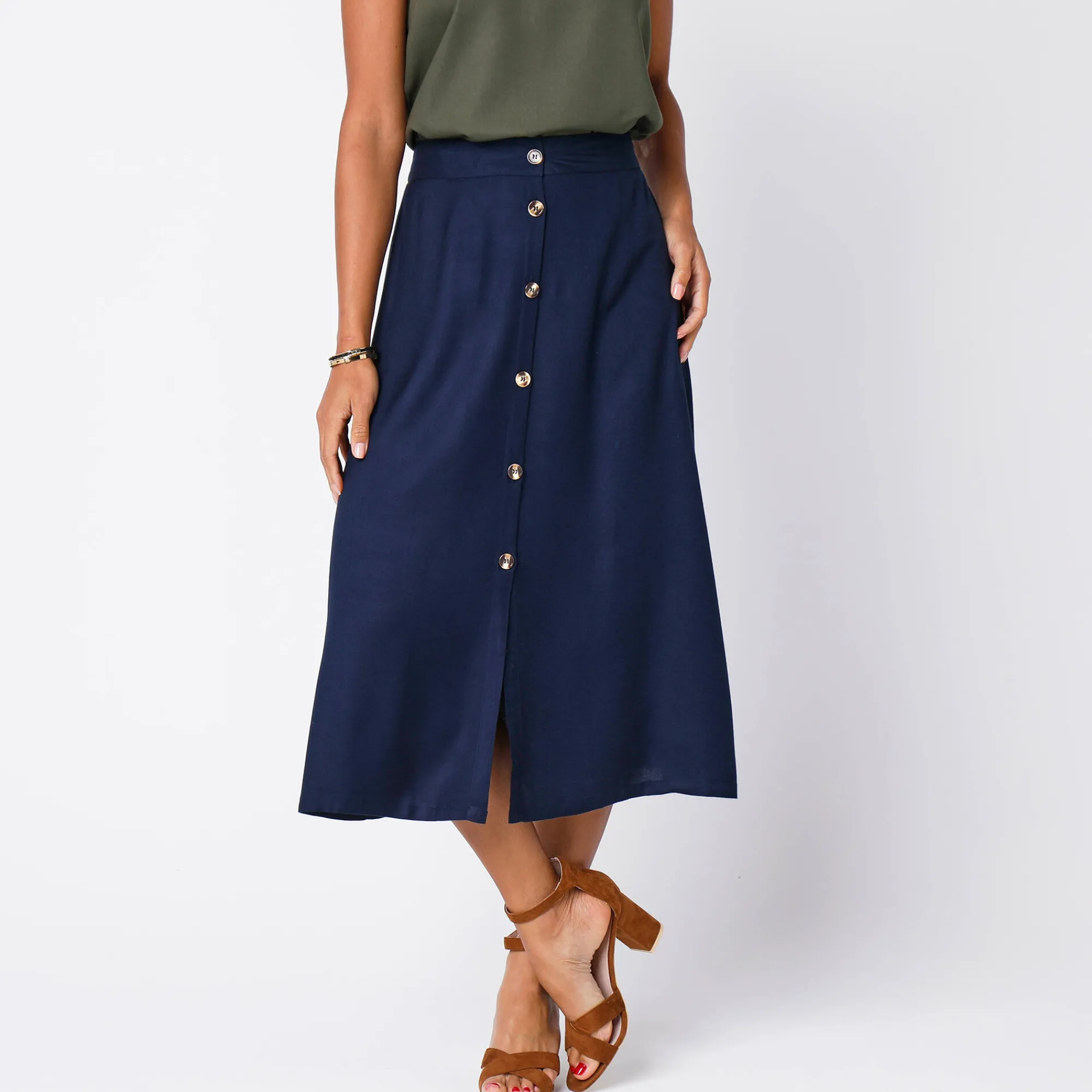 Rok<Blancheporte Effen, soepele rok met knopen, speciaal voor kleine lengtes marine