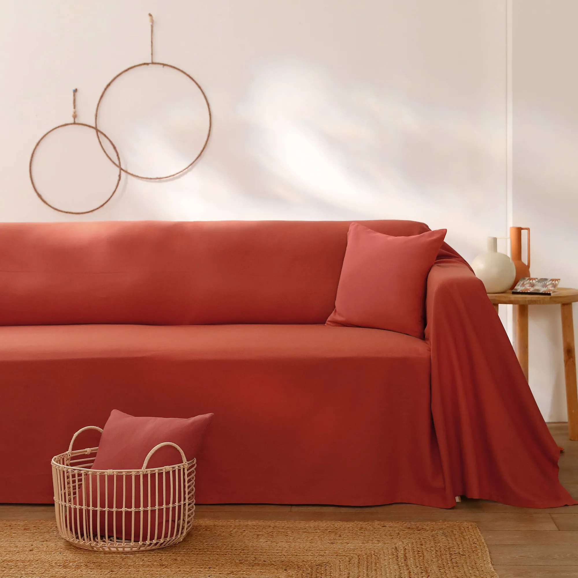Zeildoekstof<Colombine Effen sprei in zeildoekstof terracotta