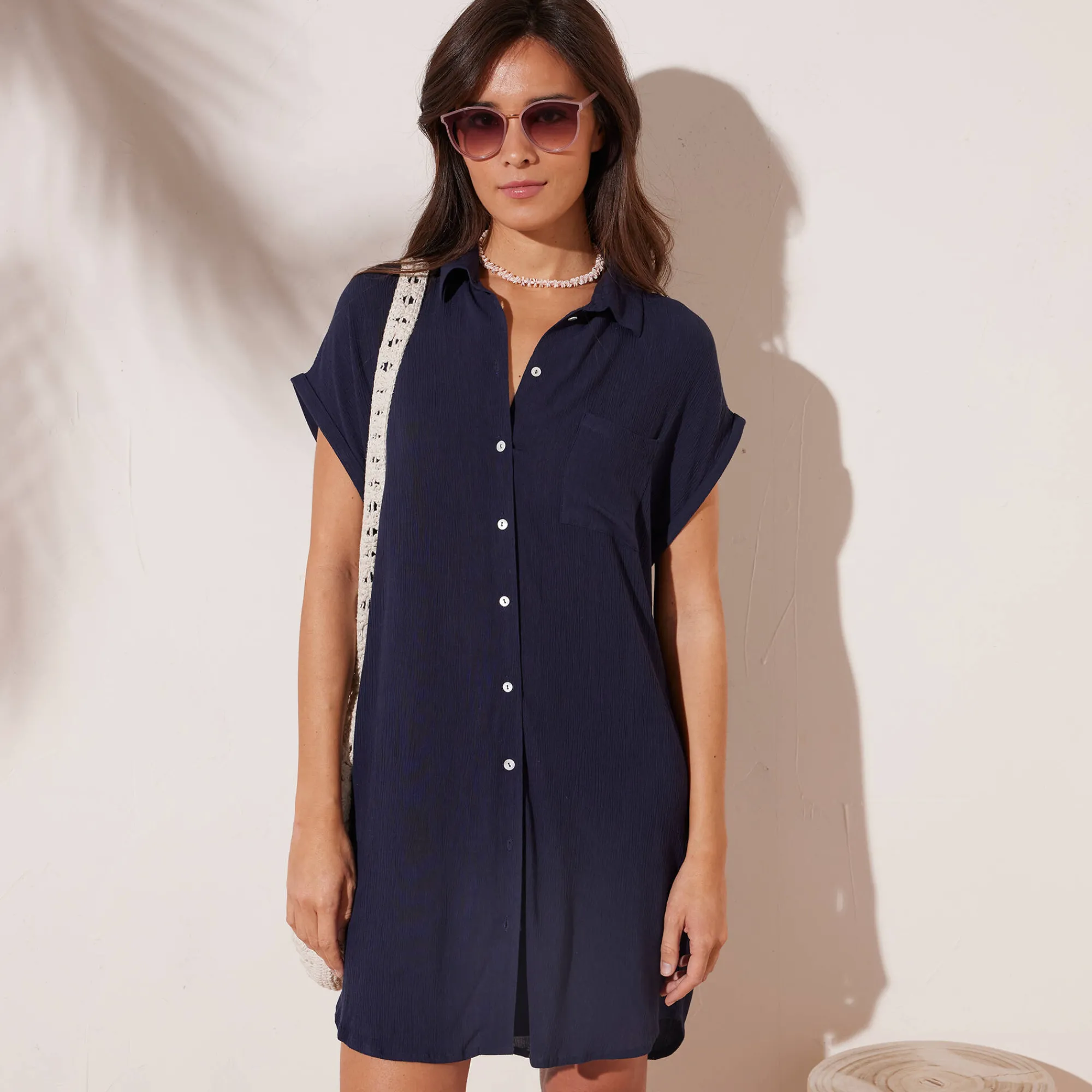 Jurk<Blancheporte Effen strandjurk, crepon marine