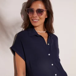 Jurk<Blancheporte Effen strandjurk, crepon marine