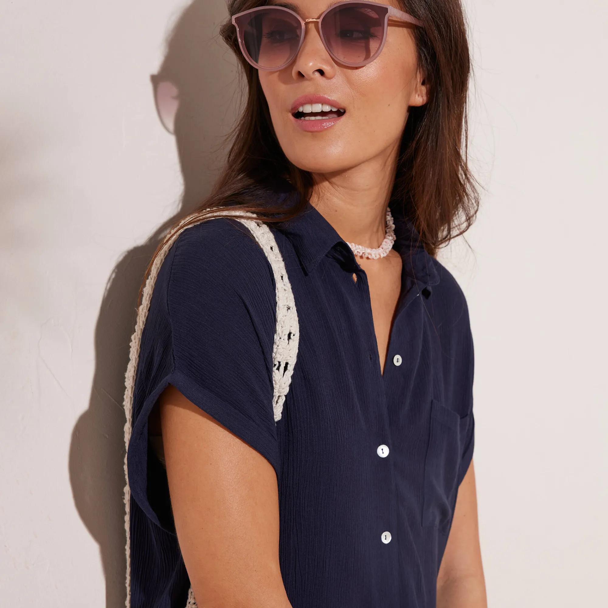 Jurk<Blancheporte Effen strandjurk, crepon marine