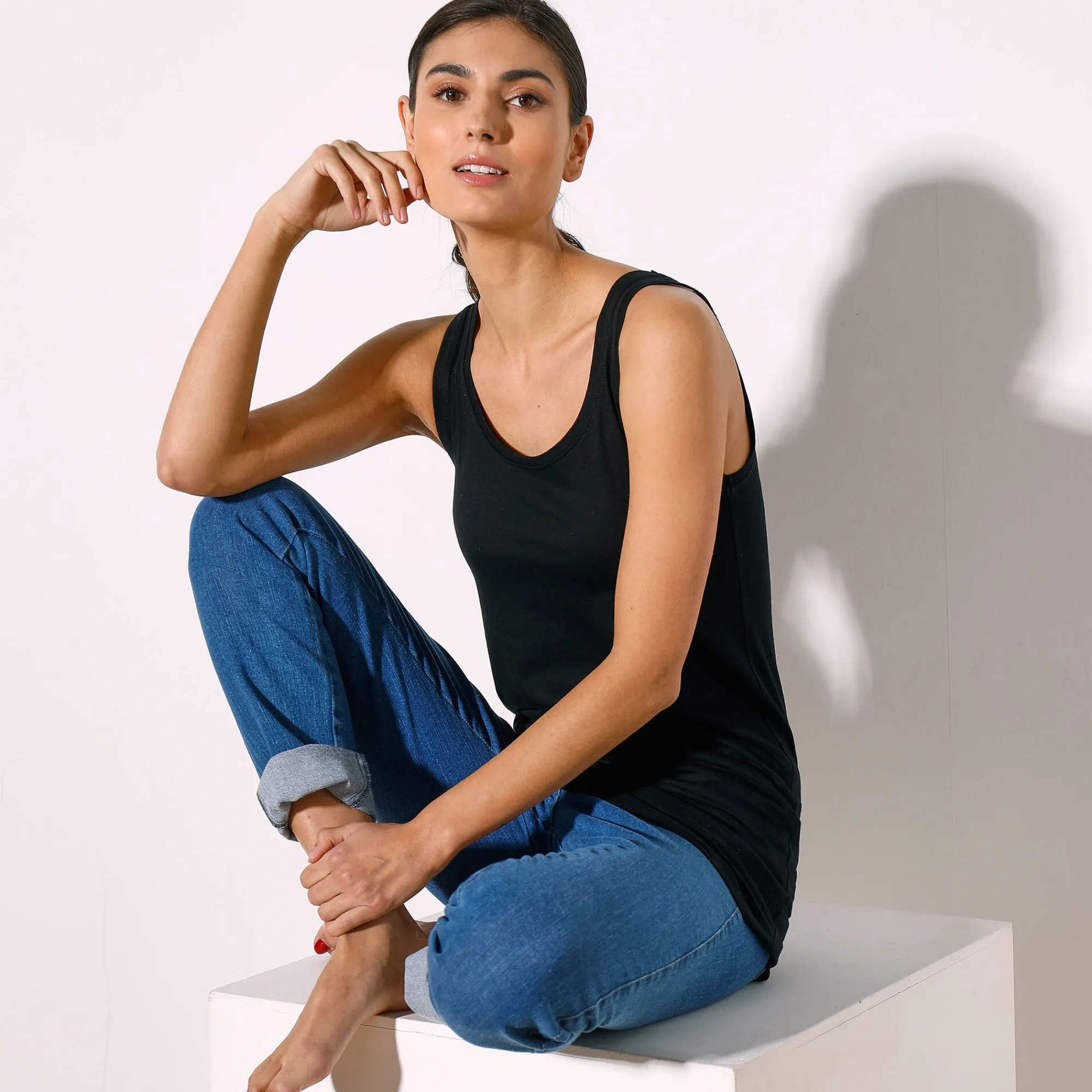 T-Shirt En Topje<Blancheporte Effen topje in biokatoen met ronde hals, eco-verantwoord zwart