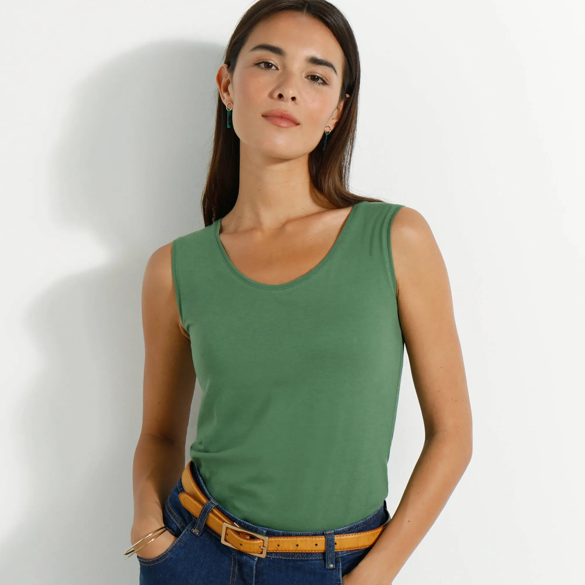T-Shirt En Topje<Blancheporte Effen topje met brede bandjes mosgroen