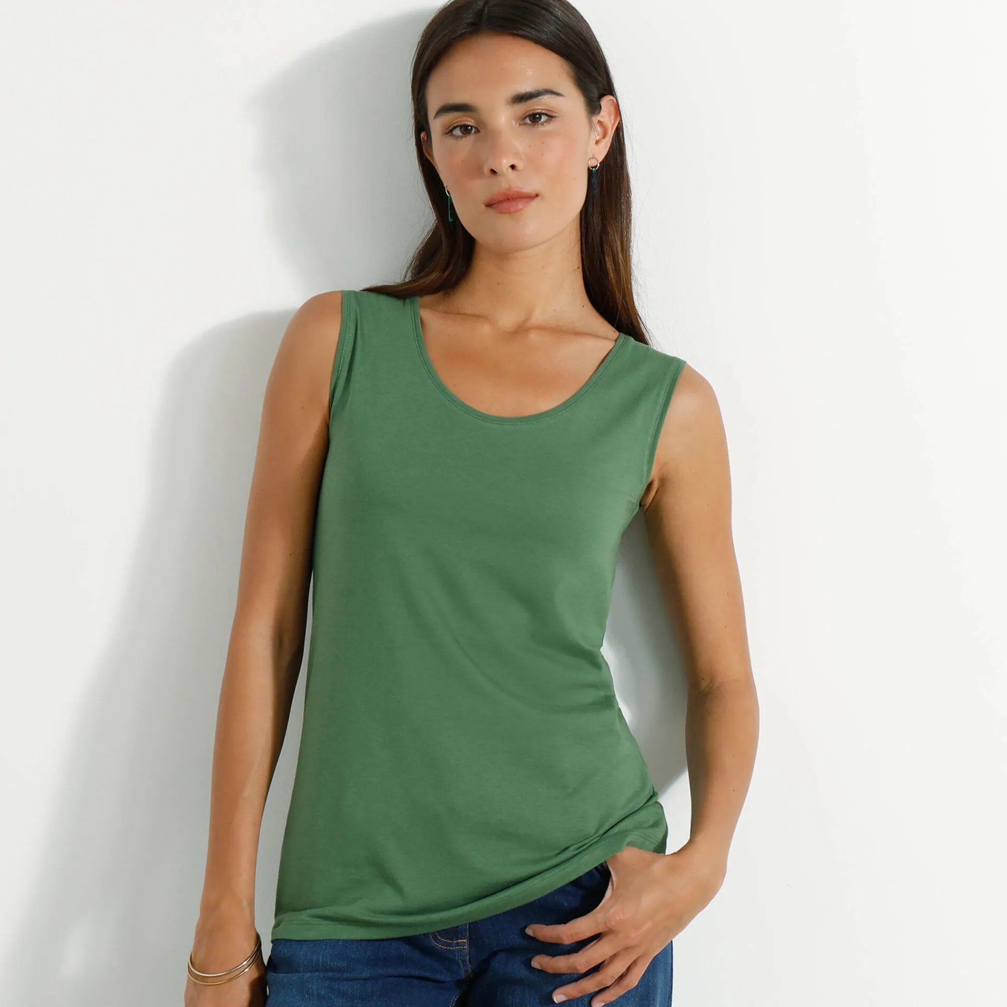 T-Shirt En Topje<Blancheporte Effen topje met brede bandjes mosgroen