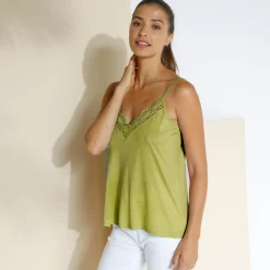 T-Shirt En Topje<Blancheporte Effen topje met V-hals en macramé anijs