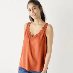 Bloes En Tuniek<Blancheporte Effen topje met V-hals in kant paprika