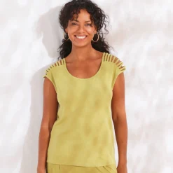 T-Shirt En Topje<Blancheporte Effen tricot t-shirt met vetersluiting op de schouders mosgroen