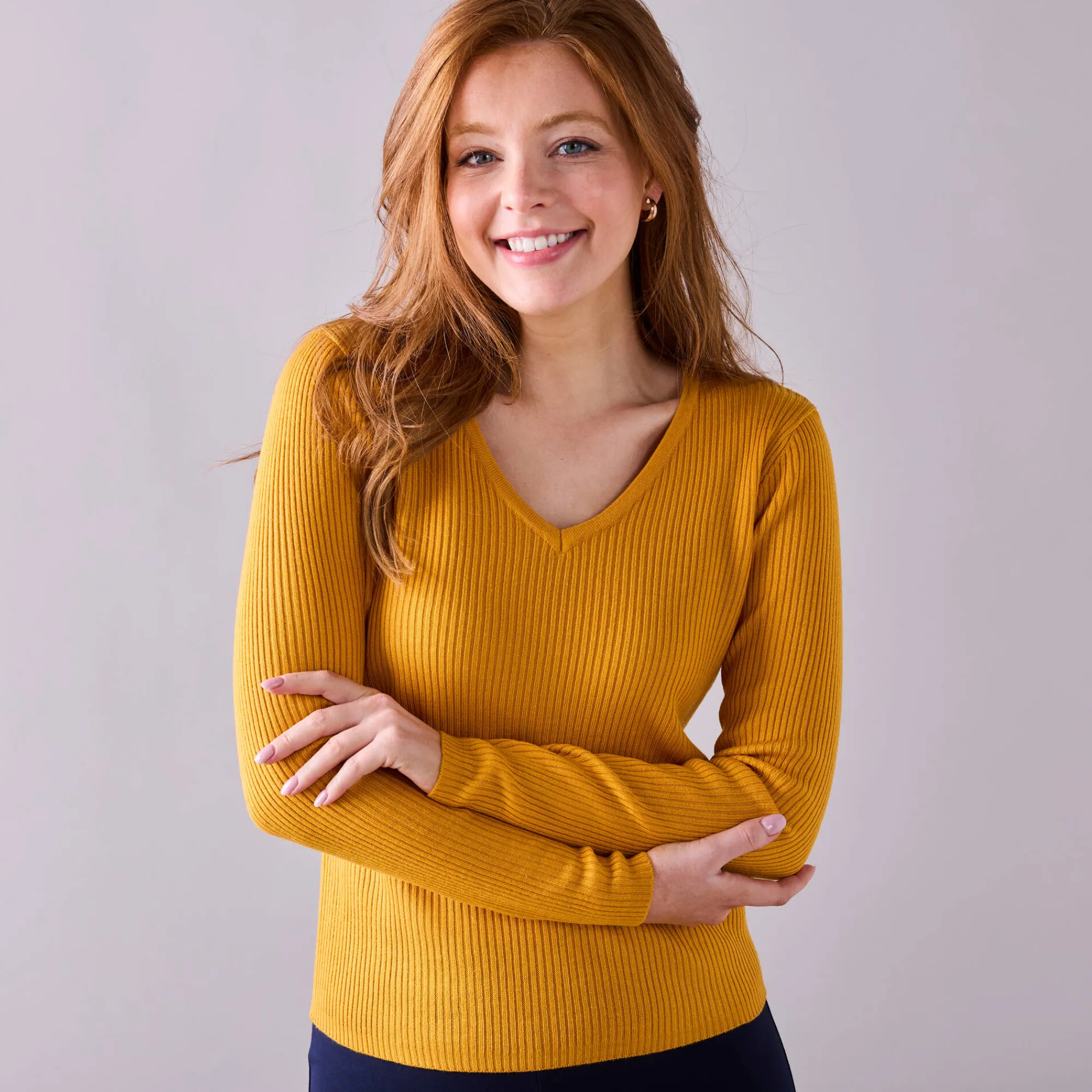 Trui En Vest<Blancheporte Effen trui in ribbeltricot met V-hals kerrie