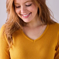 Trui En Vest<Blancheporte Effen trui in ribbeltricot met V-hals kerrie