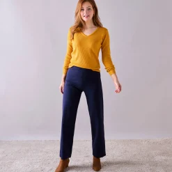 Trui En Vest<Blancheporte Effen trui in ribbeltricot met V-hals kerrie