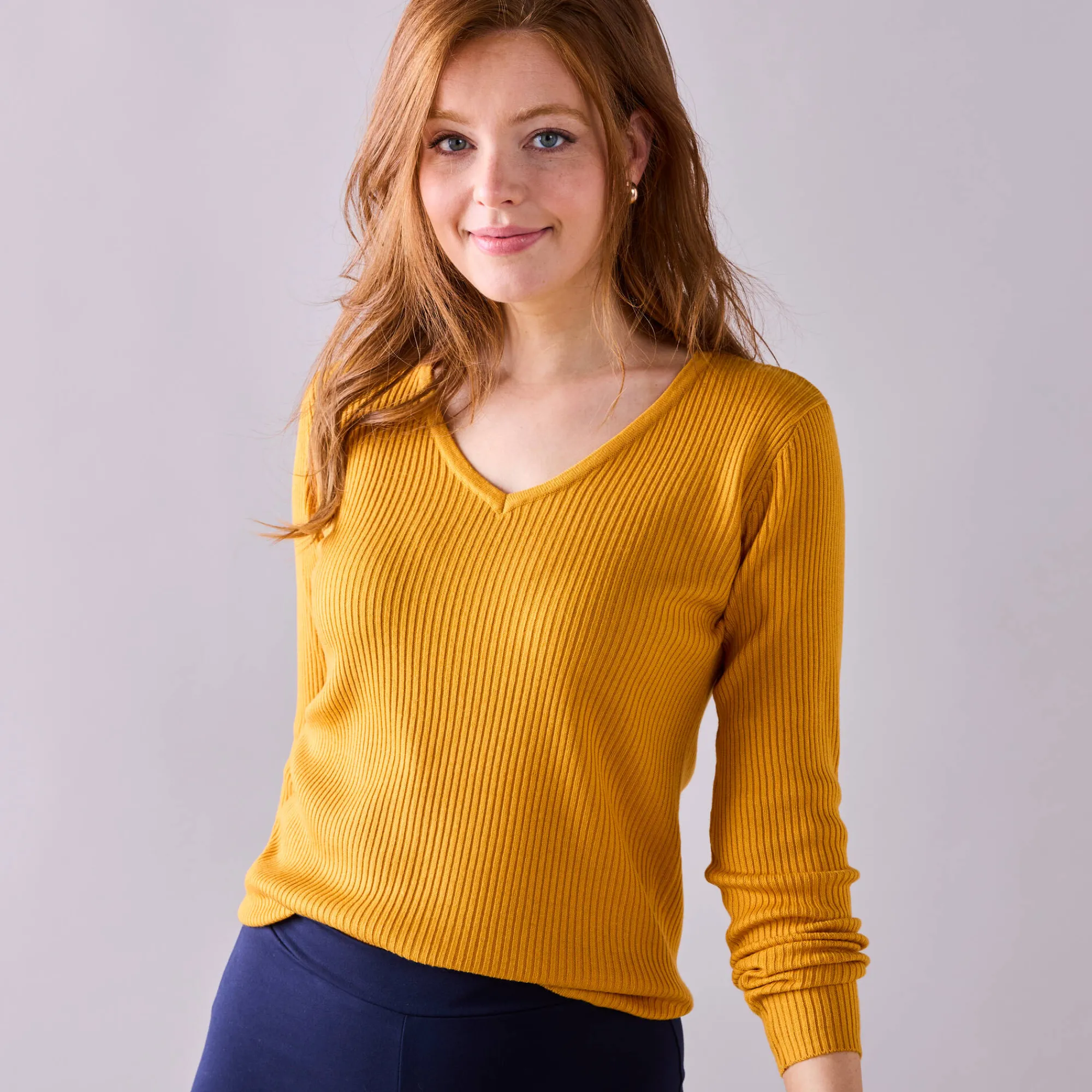 Trui En Vest<Blancheporte Effen trui in ribbeltricot met V-hals kerrie