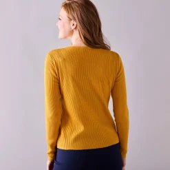Trui En Vest<Blancheporte Effen trui in ribbeltricot met V-hals kerrie