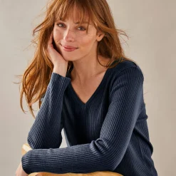 Trui En Vest<Blancheporte Effen trui in ribbeltricot met V-hals marine
