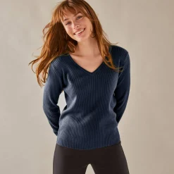 Trui En Vest<Blancheporte Effen trui in ribbeltricot met V-hals marine
