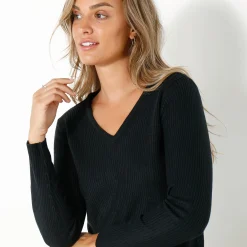 Trui En Vest<Blancheporte Effen trui in ribbeltricot met V-hals zwart