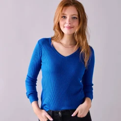 Trui En Vest<Blancheporte Effen trui in ribbeltricot met V-hals felblauw