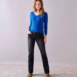 Trui En Vest<Blancheporte Effen trui in ribbeltricot met V-hals felblauw
