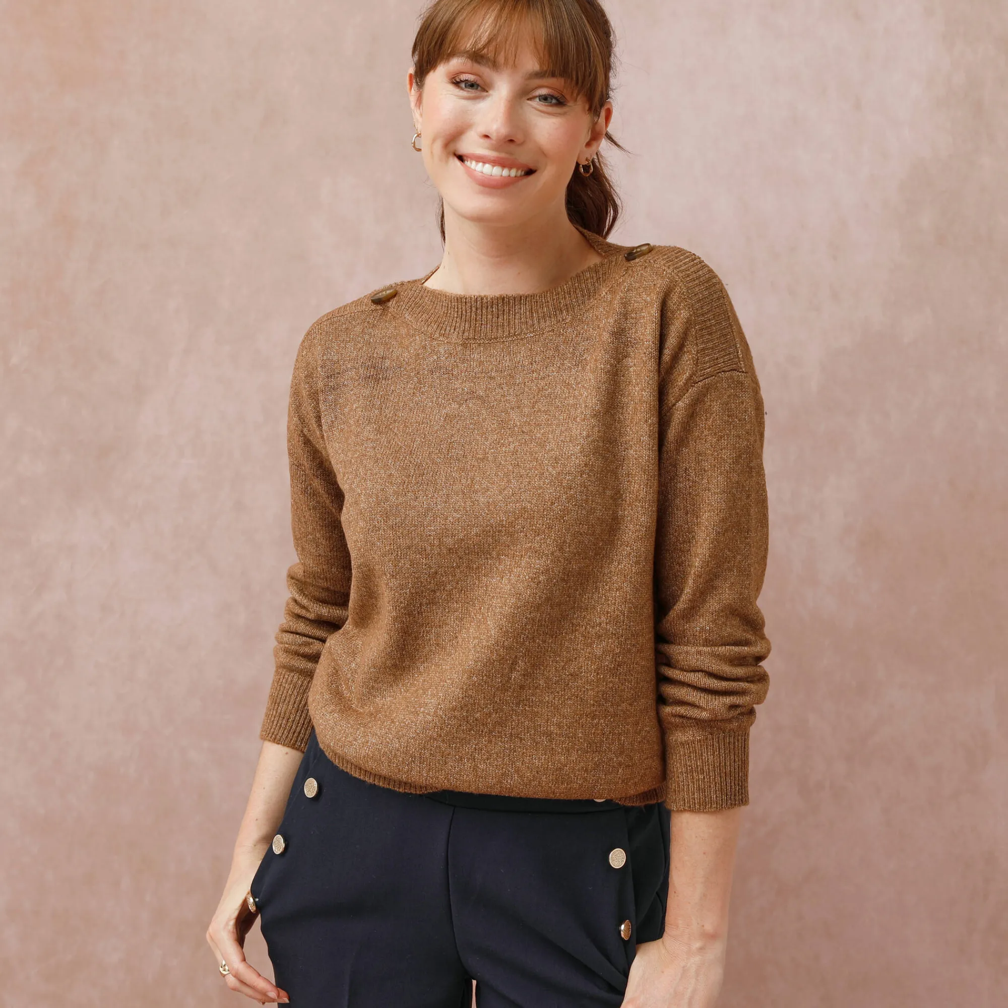 Trui En Vest<Blancheporte Effen trui met boothals, knopen aan de schouders chiné taupe