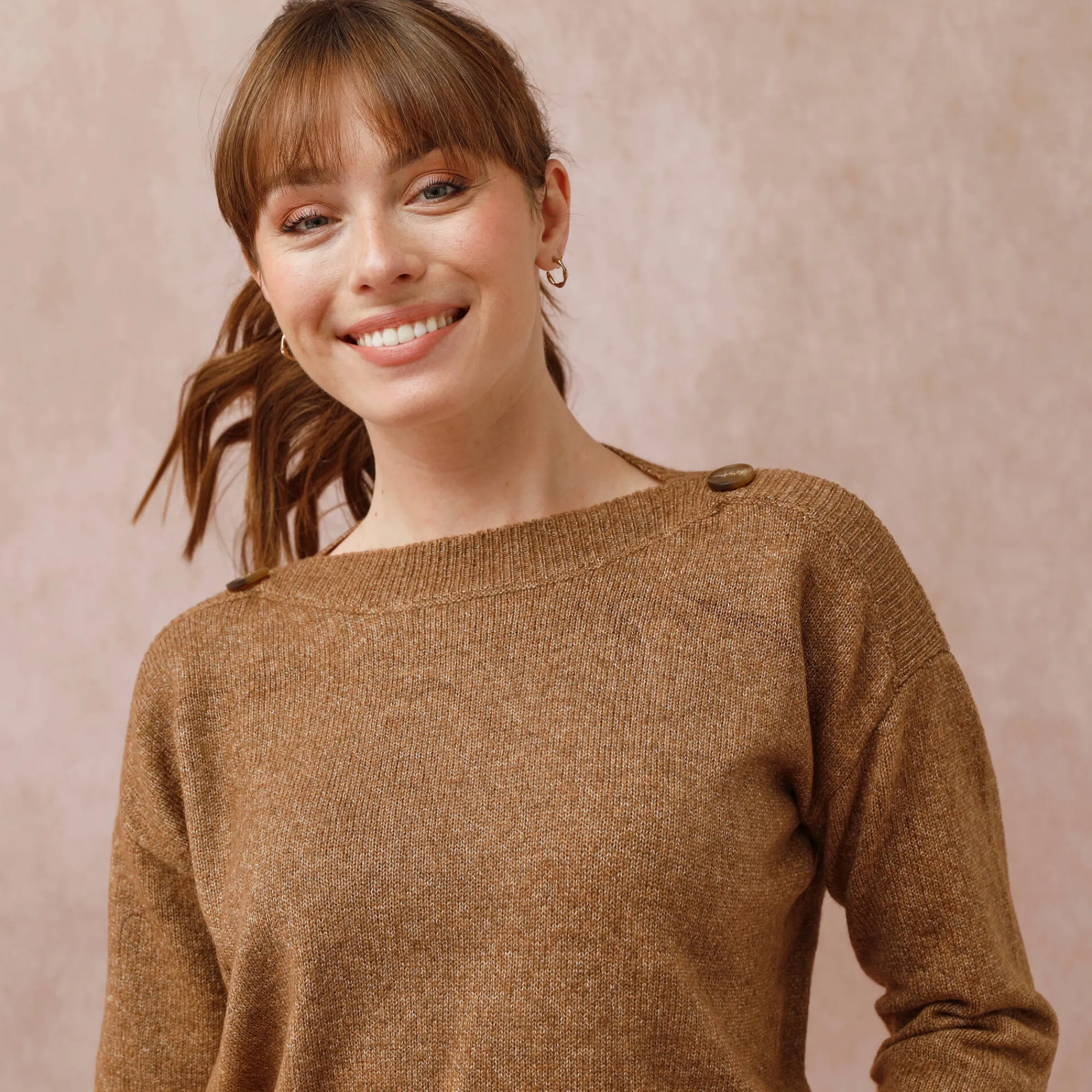 Trui En Vest<Blancheporte Effen trui met boothals, knopen aan de schouders chiné taupe