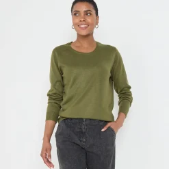 Trui En Vest<Blancheporte Effen trui met ronde hals, zachte touch kaki
