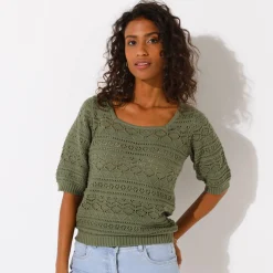 Trui En Vest<Blancheporte Effen trui met vierkante hals, ajourtricot kaki