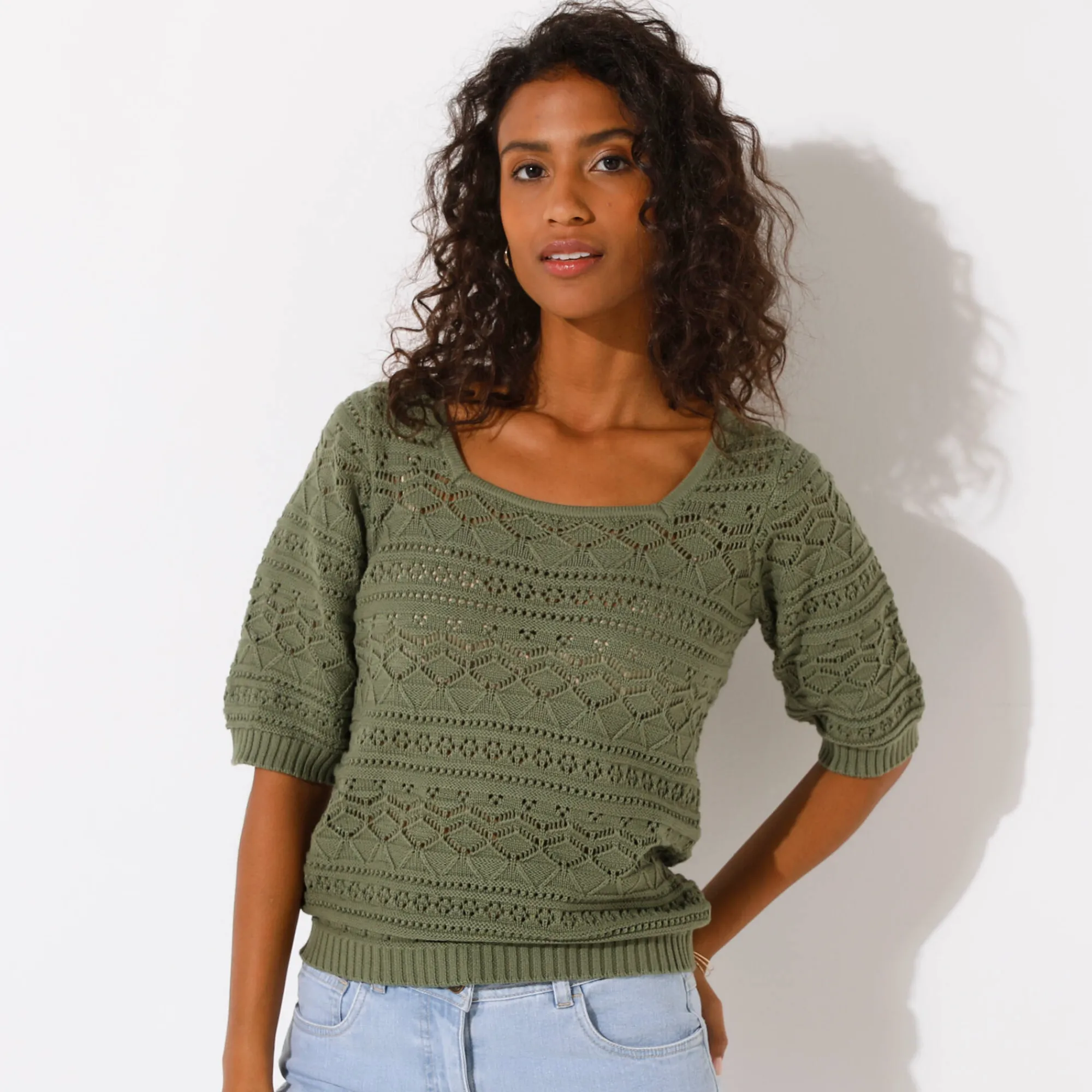 Trui En Vest<Blancheporte Effen trui met vierkante hals, ajourtricot kaki