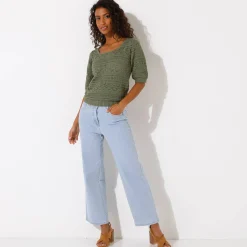Trui En Vest<Blancheporte Effen trui met vierkante hals, ajourtricot kaki
