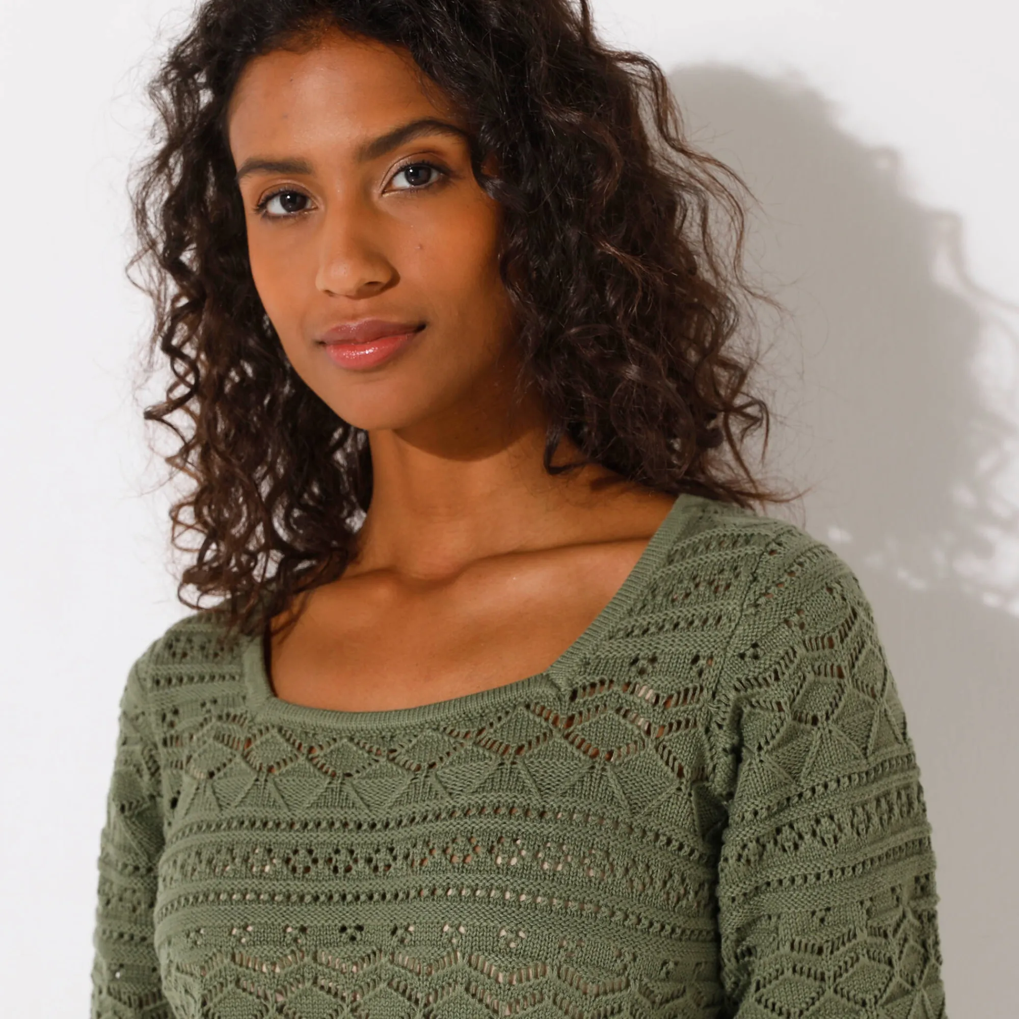 Trui En Vest<Blancheporte Effen trui met vierkante hals, ajourtricot kaki