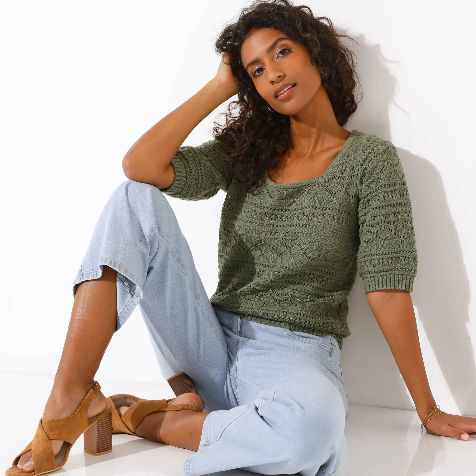 Trui En Vest<Blancheporte Effen trui met vierkante hals, ajourtricot kaki