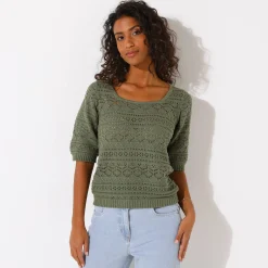 Trui En Vest<Blancheporte Effen trui met vierkante hals, ajourtricot kaki